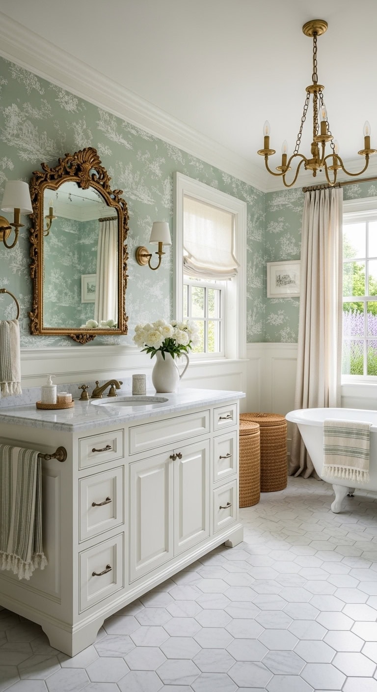 sage toile french bathroom