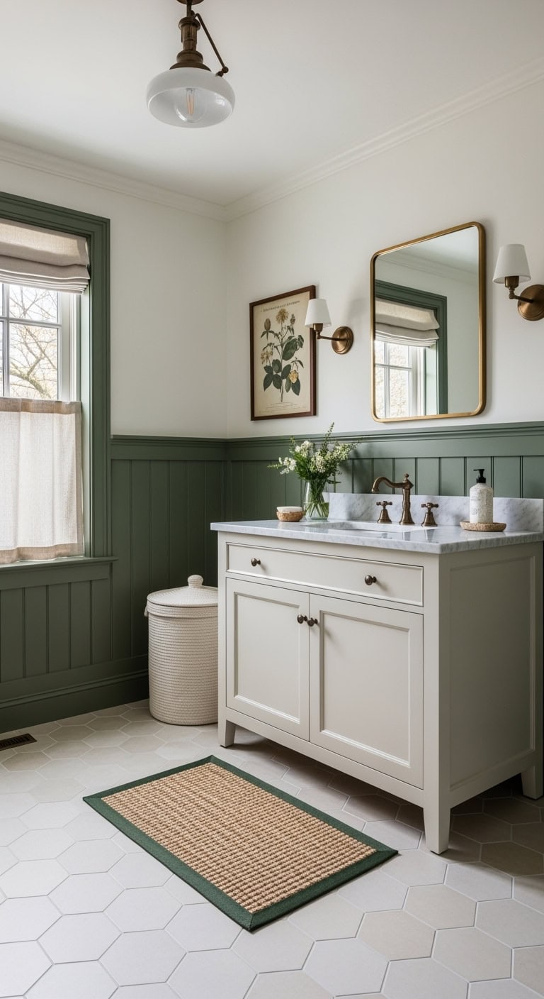 hunter green wainscoting cream fixtures