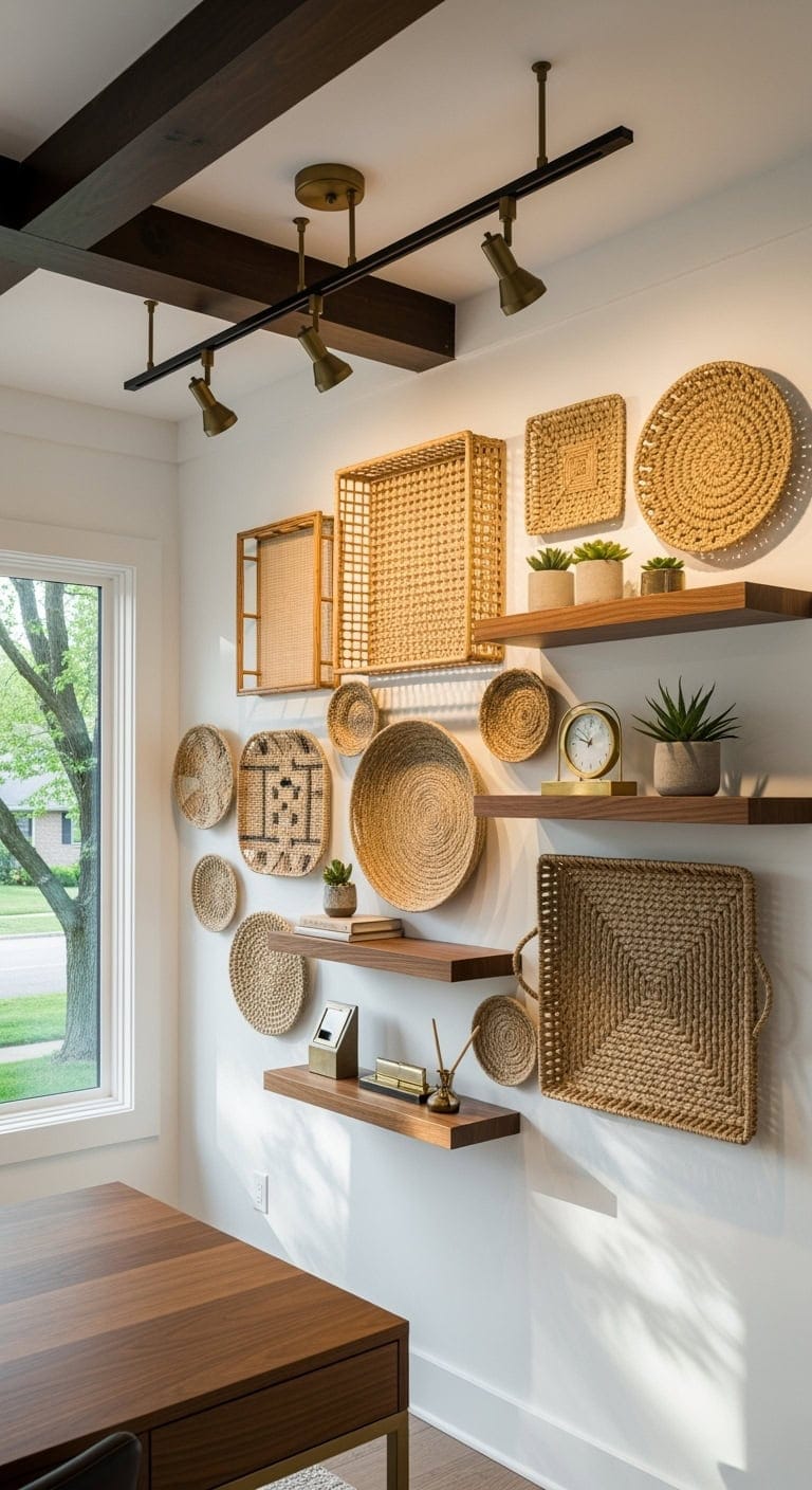 geometric woven basket workspace