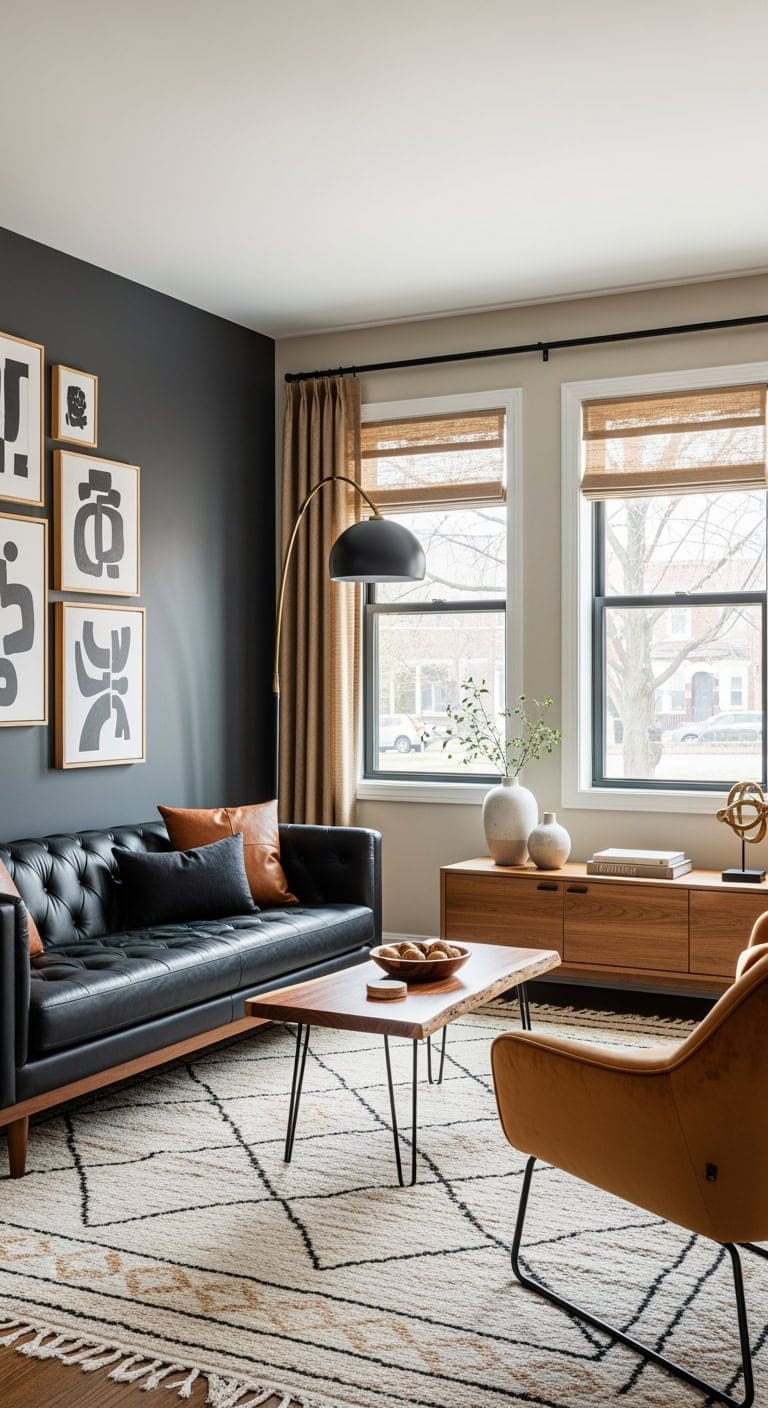 sleek black leather with camel