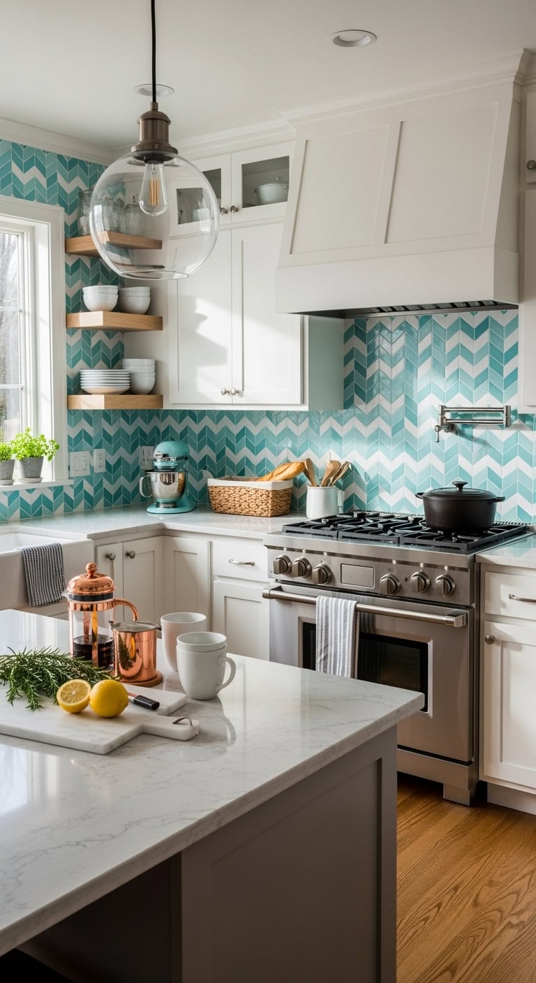 dynamic turquoise chevron kitchen backsplash