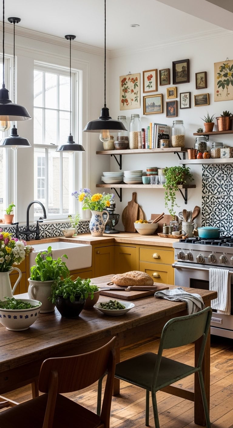 eclectic mustard kitchen styling
