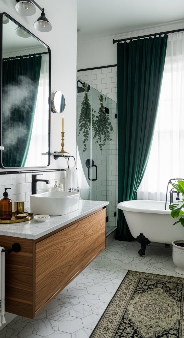 luxurious dramatic high contrast bathroom oasis