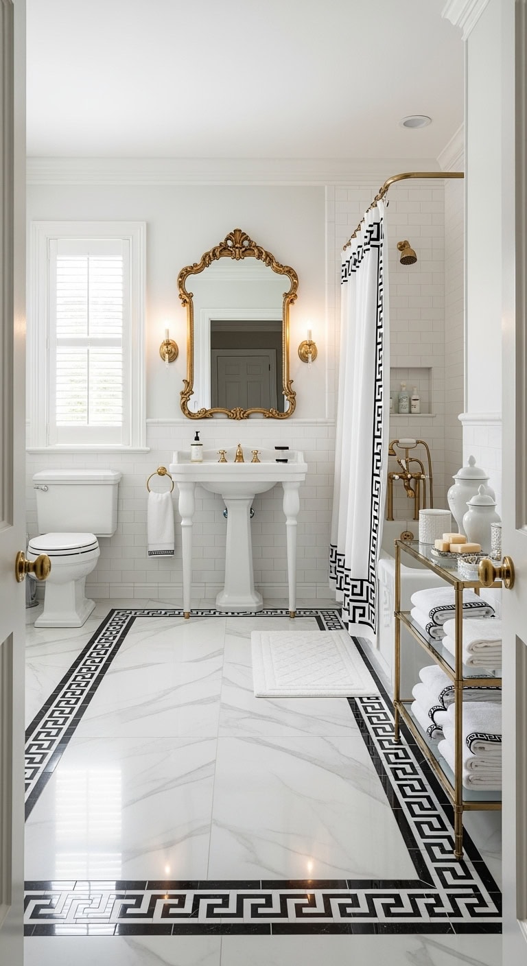 ornate marble look powder room