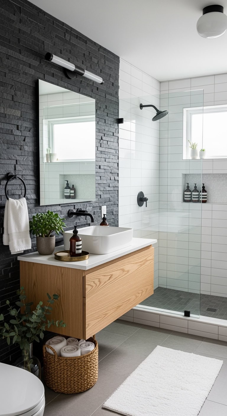 organic edgy timeless bathroom accent wall