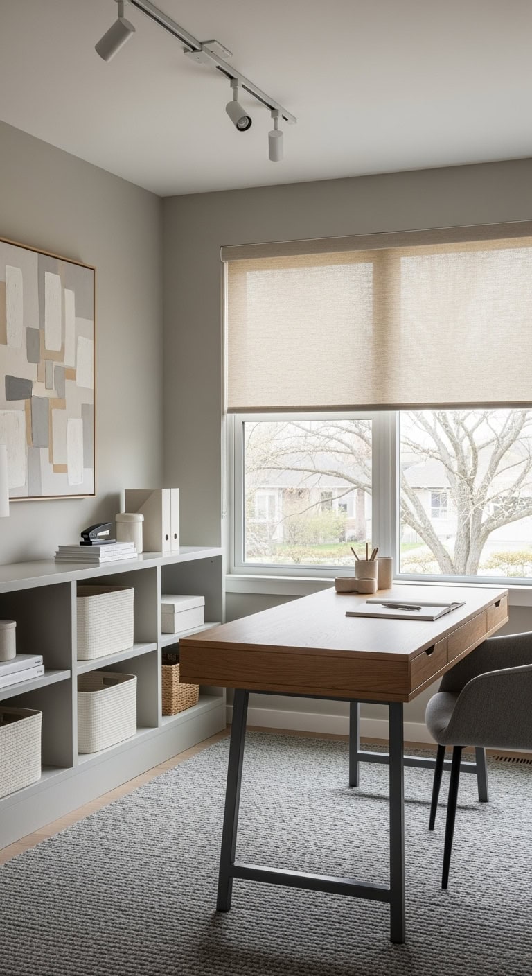 beige gray neutral workspace makeover