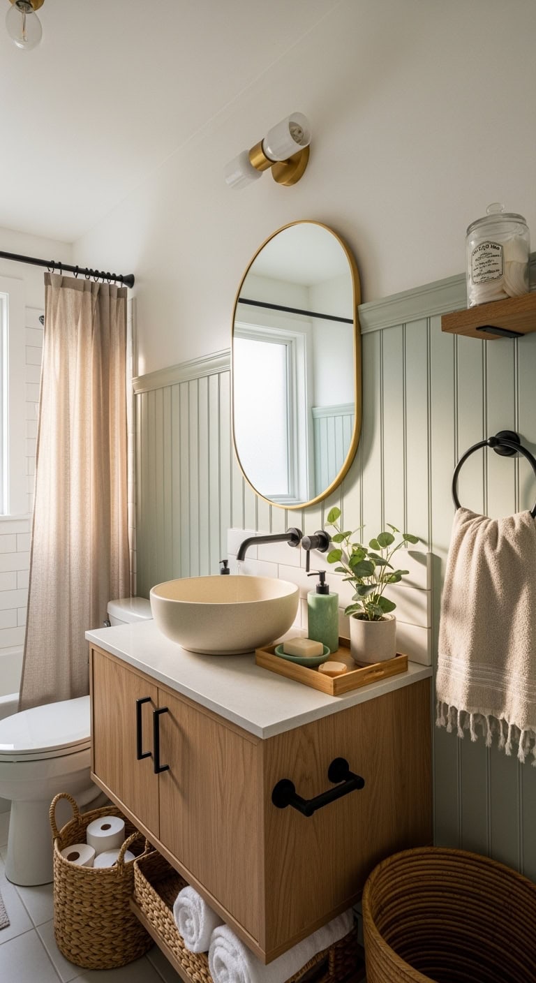 calming light green bathroom wainscoting