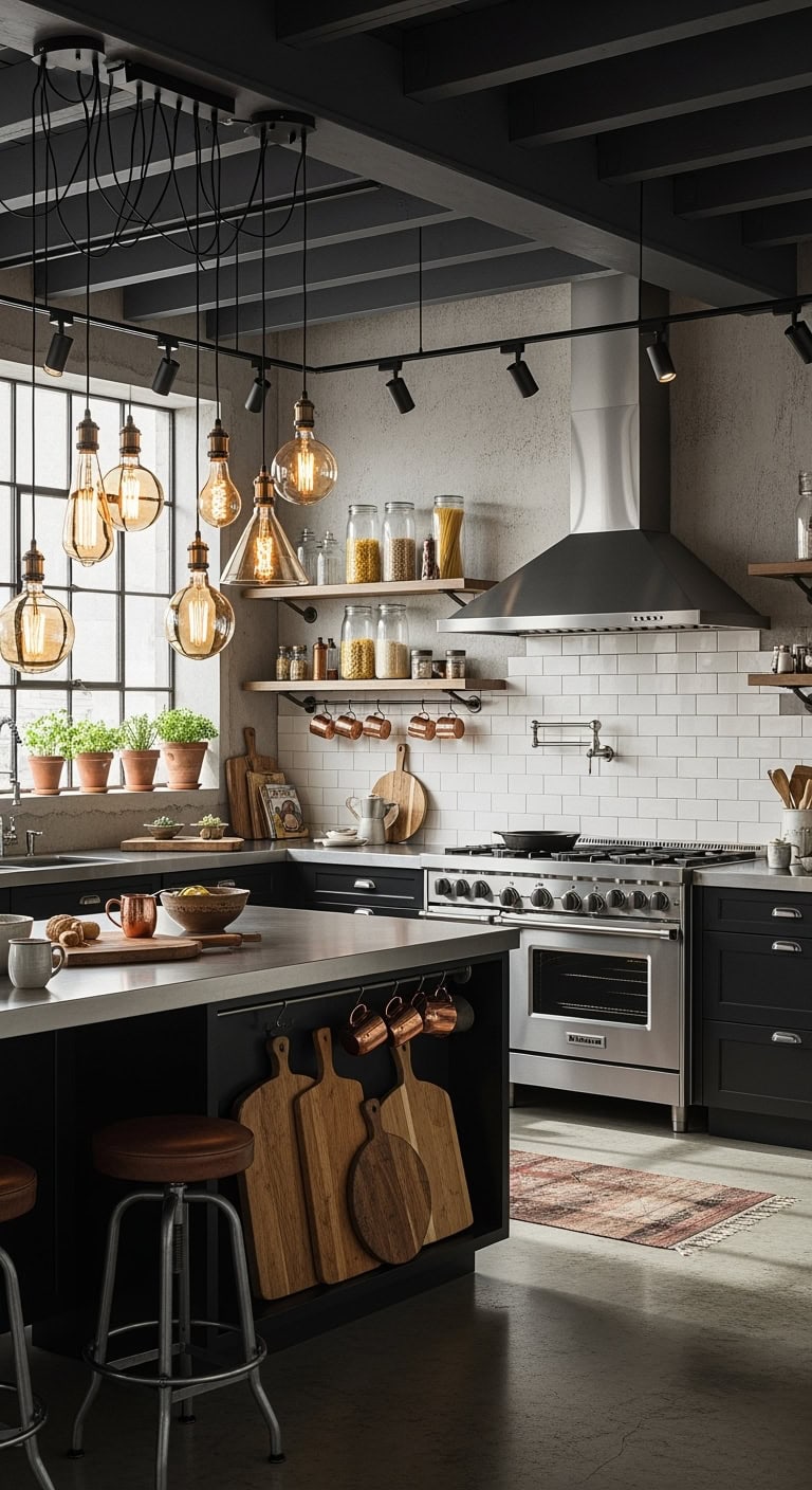 edison bulb industrial loft kitchen