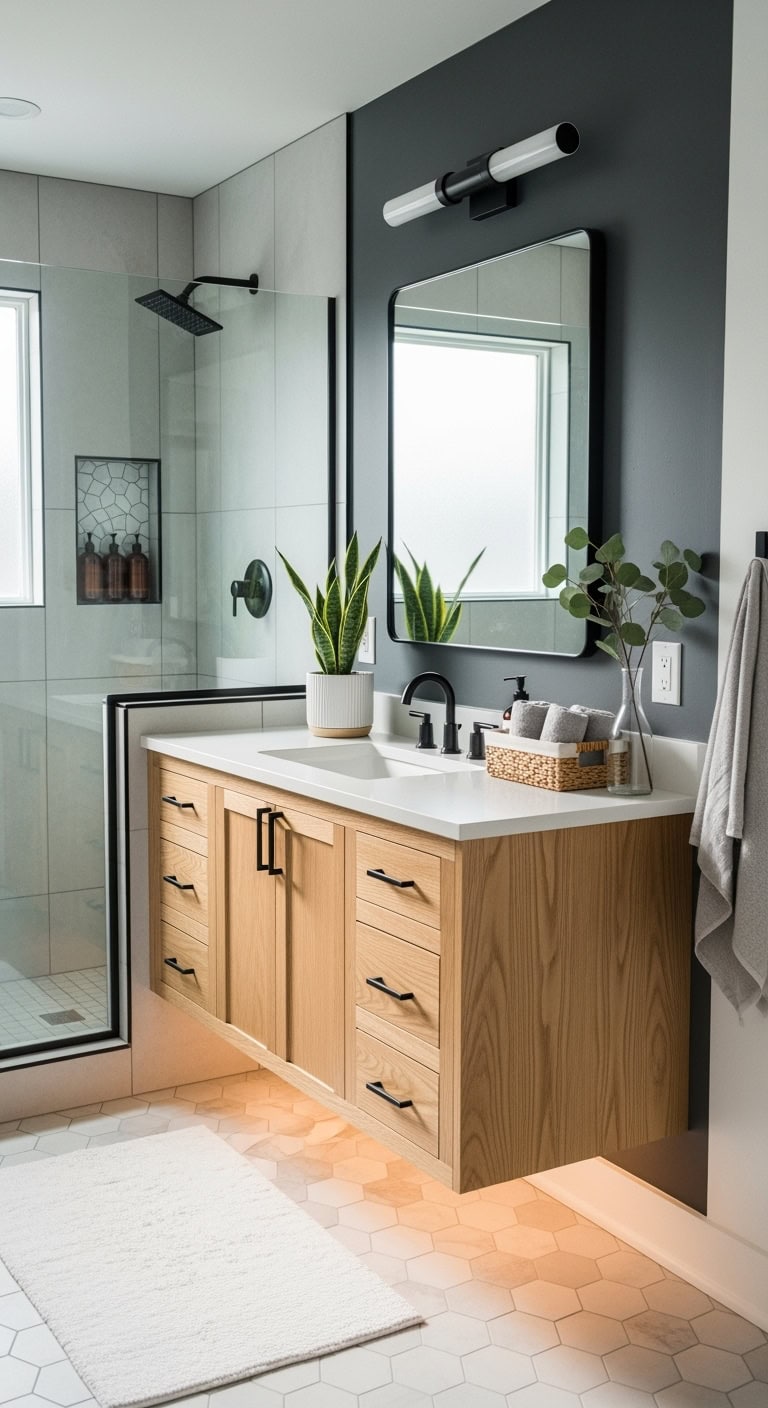 dramatic grounded contrasting ethereal bathroom design