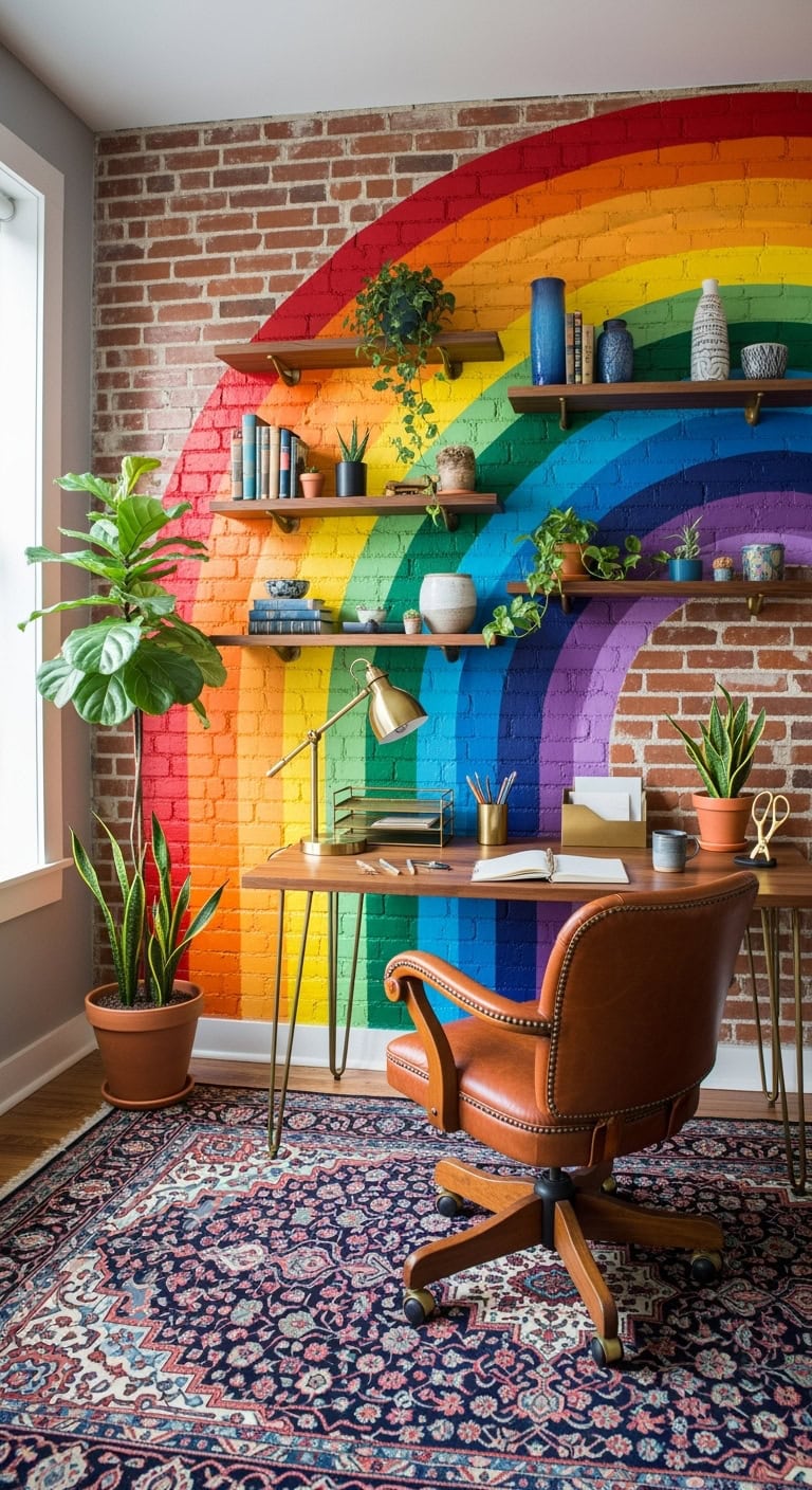 vibrant handpainted brick rainbow mural