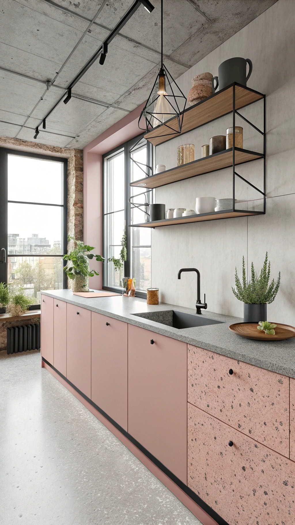 chic pink concrete kitchen