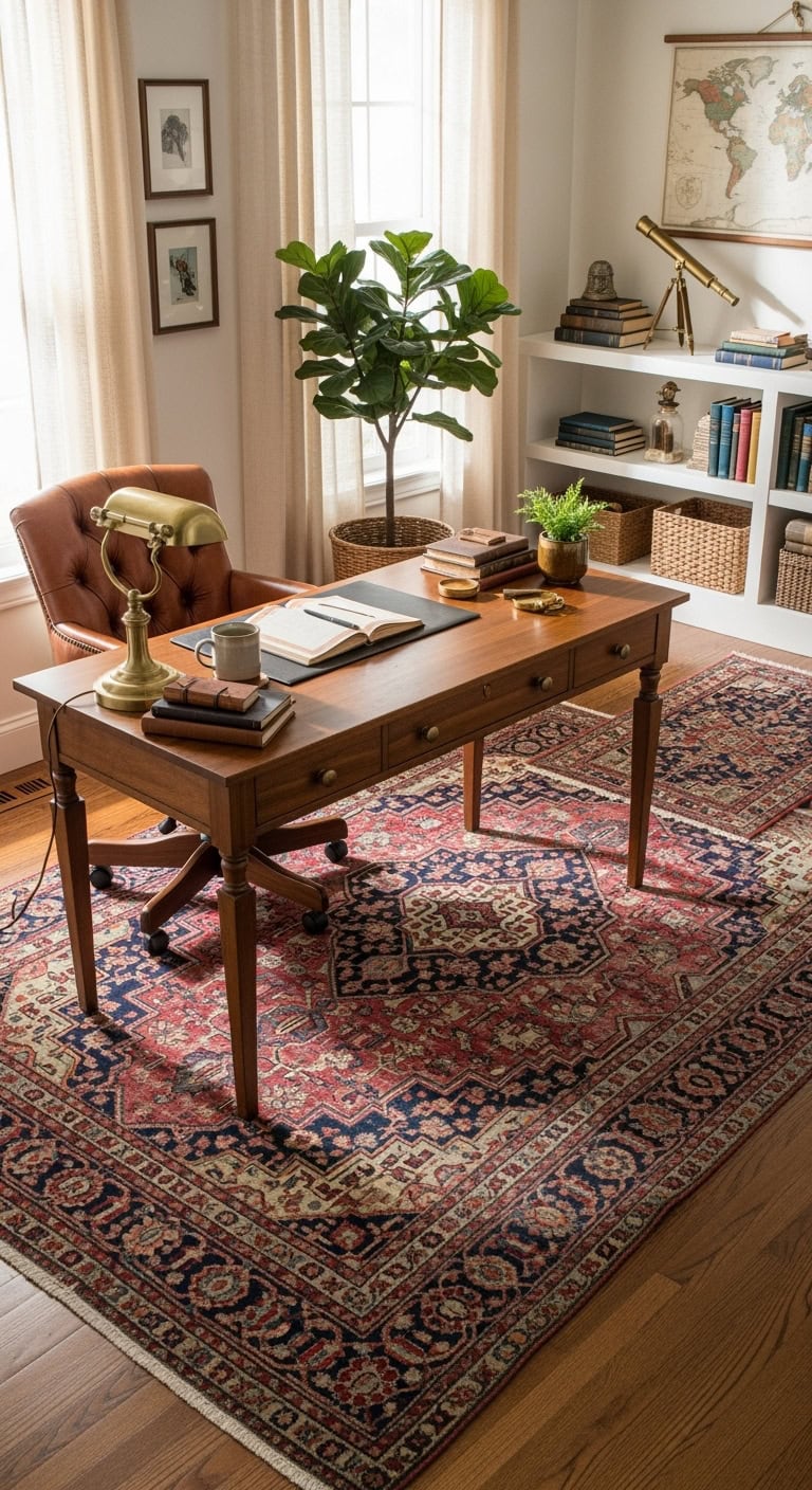 vintage rug defines workspace elegantly
