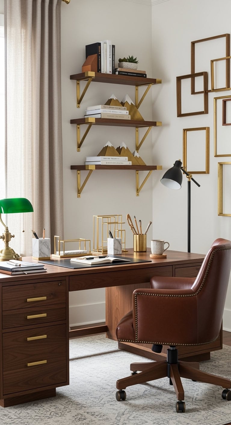 gleaming brass accents in workspace