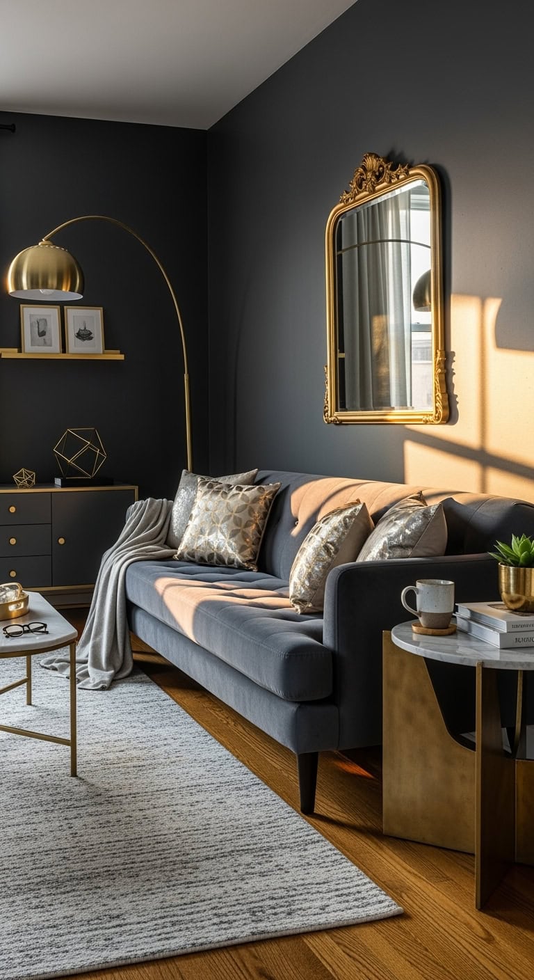 sophisticated moody drama with golden accents