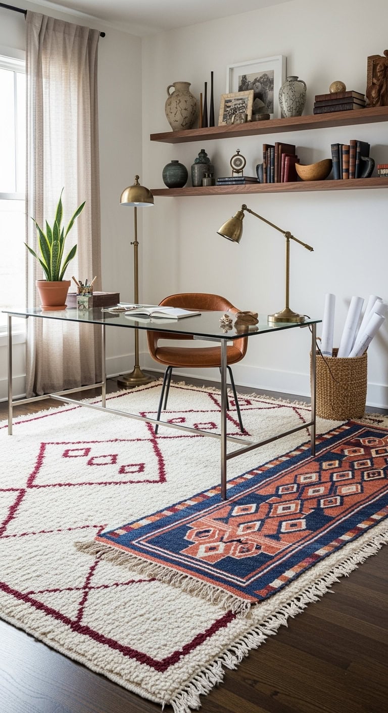 layered textured geometric moroccan rug cascade