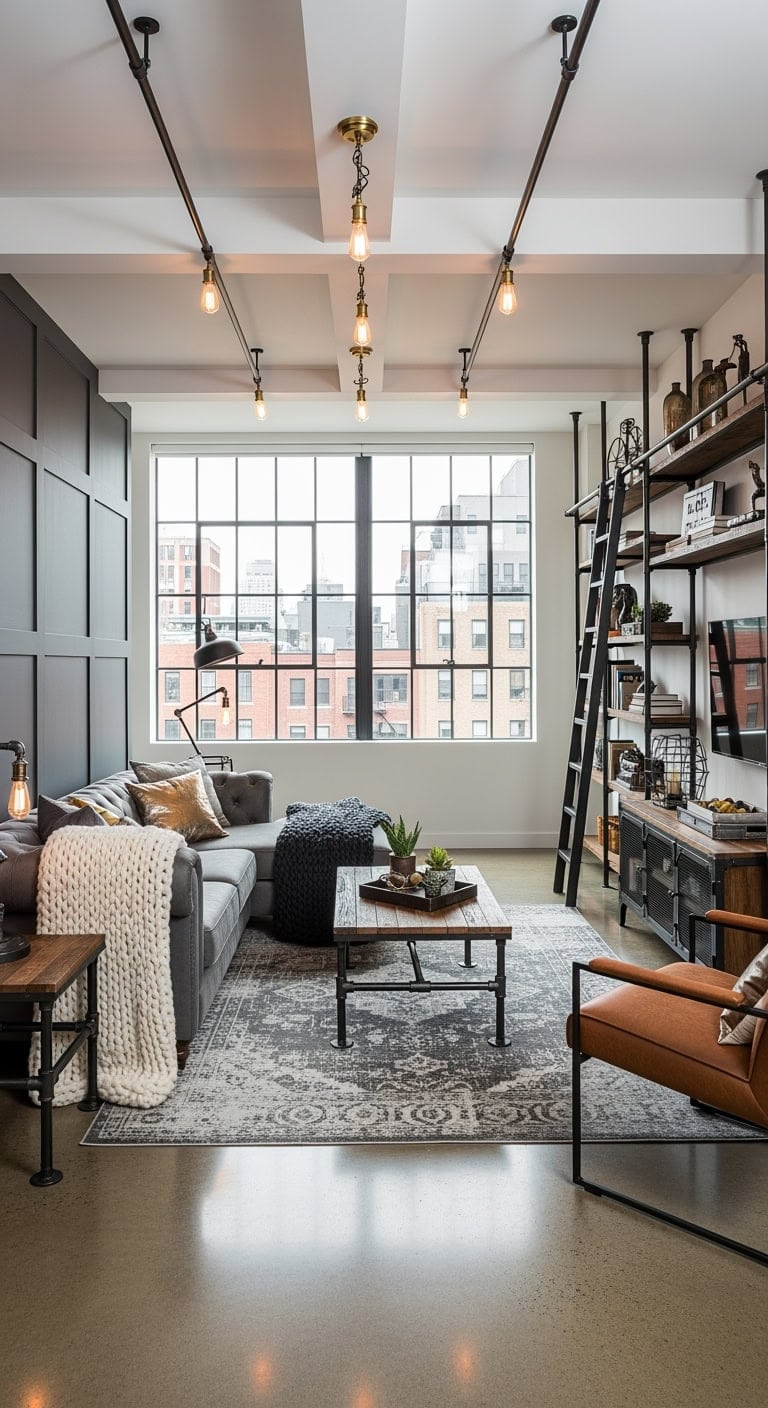 industrial luxe loft livingroom