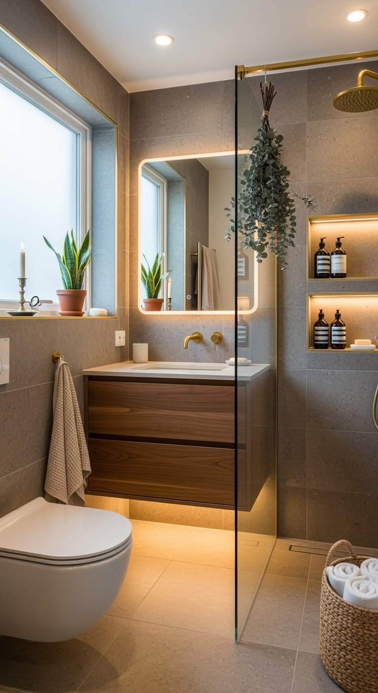 neutral textured showcased shower niche tiles