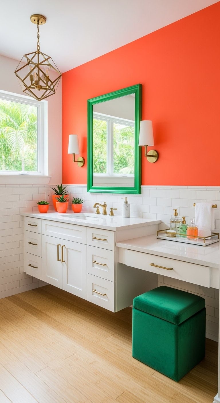 neon orange kelly green bathroom