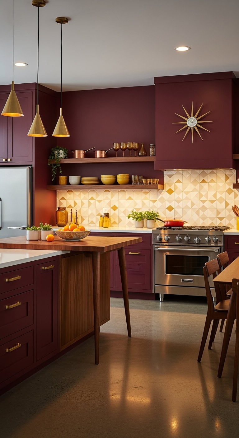 midcentury modern burgundy kitchen