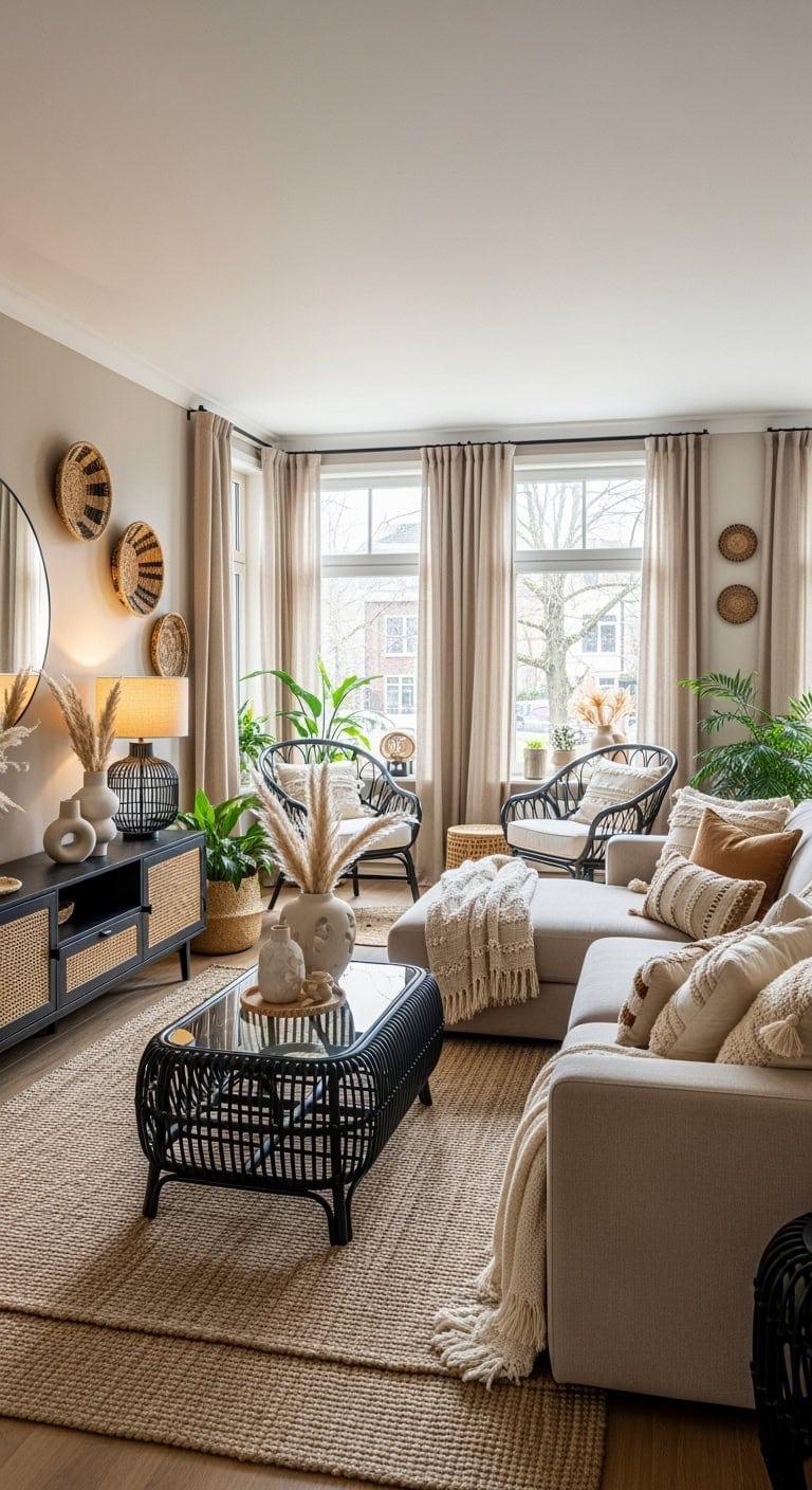 layered beige textures with rattan