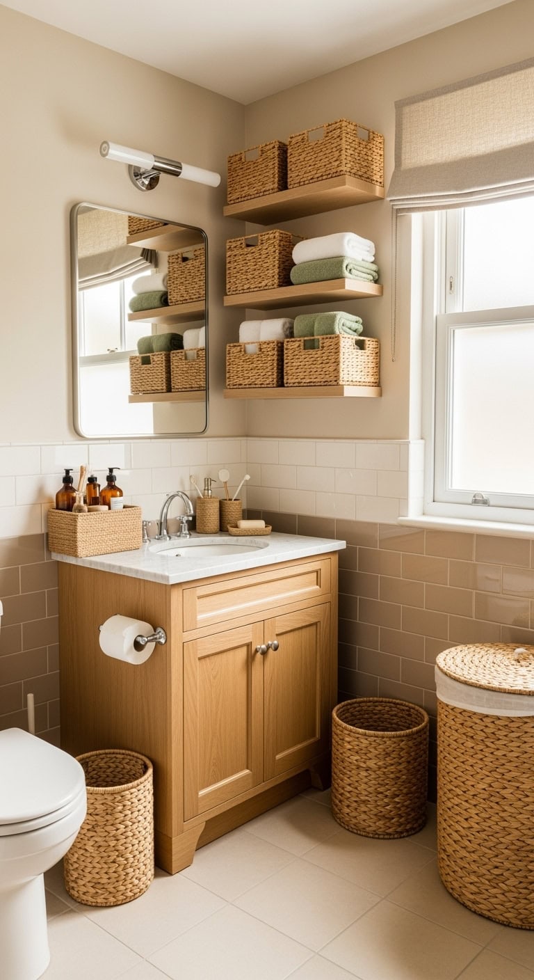 beige bathroom natural woven storage baskets