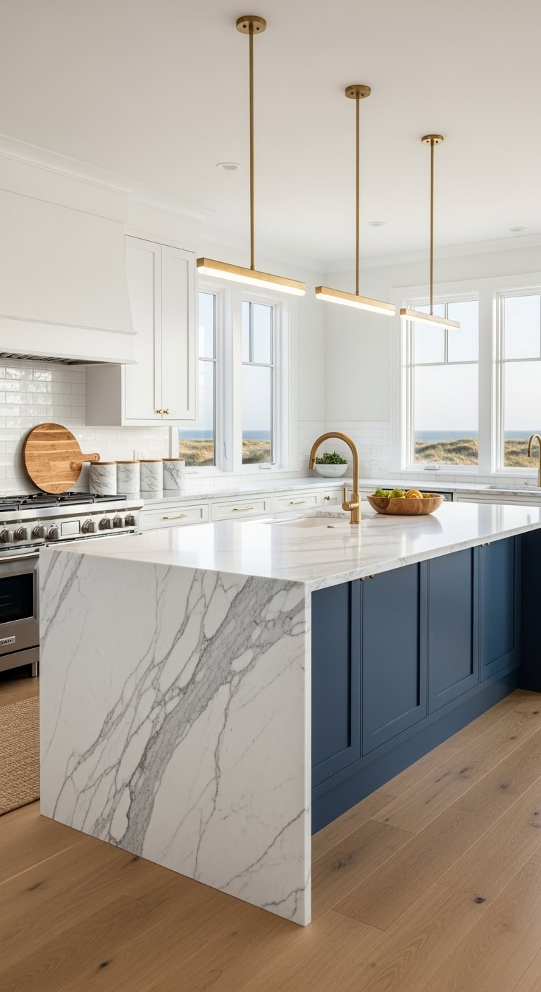 luxurious marble waterfall island