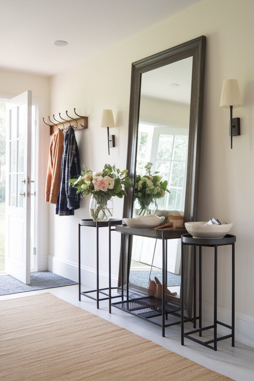 A stylish mudroom entryway featuring a large mirror, coat hooks, and decorative flower arrangements.