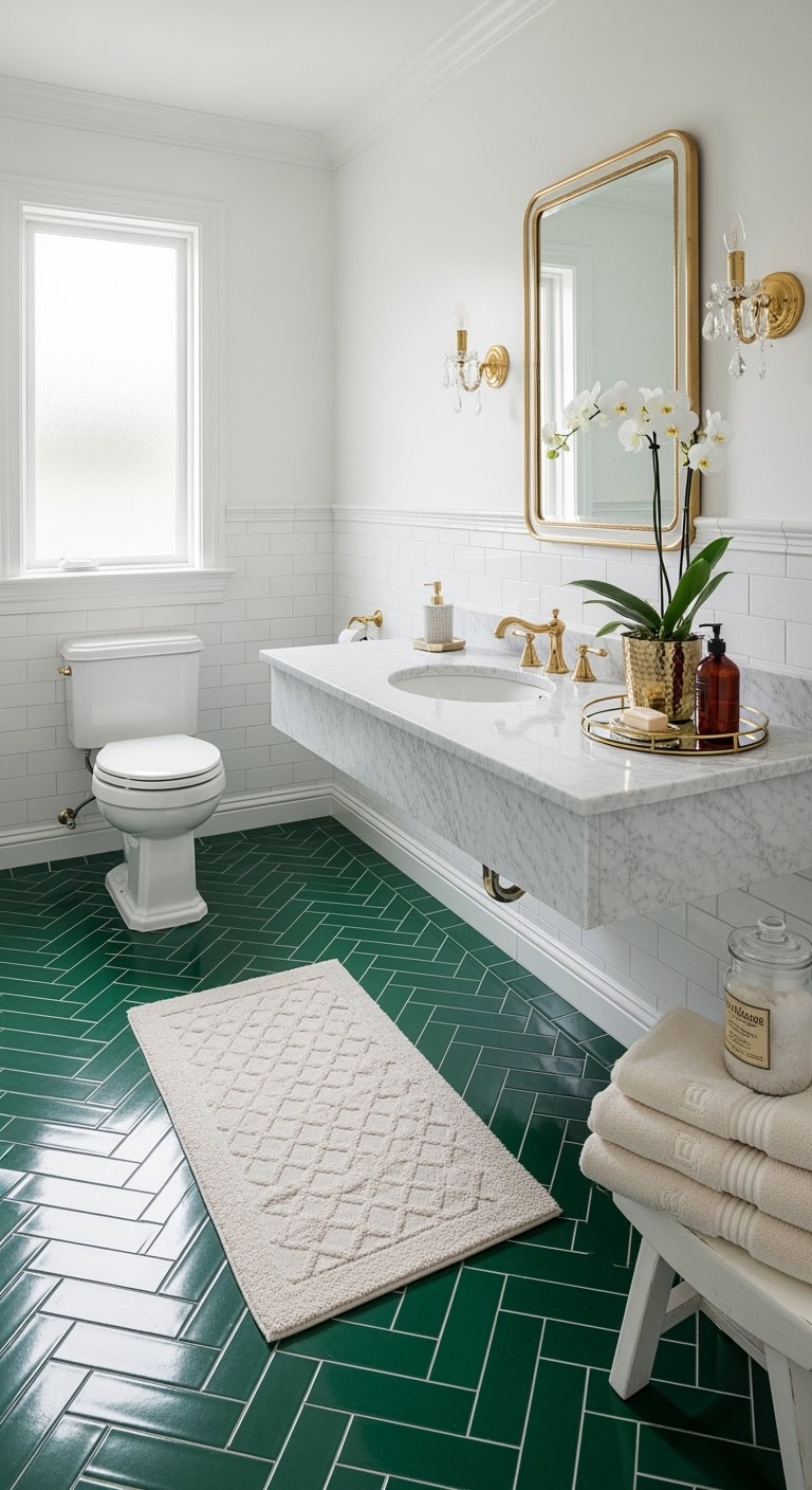 glamorous emerald green herringbone bathroom