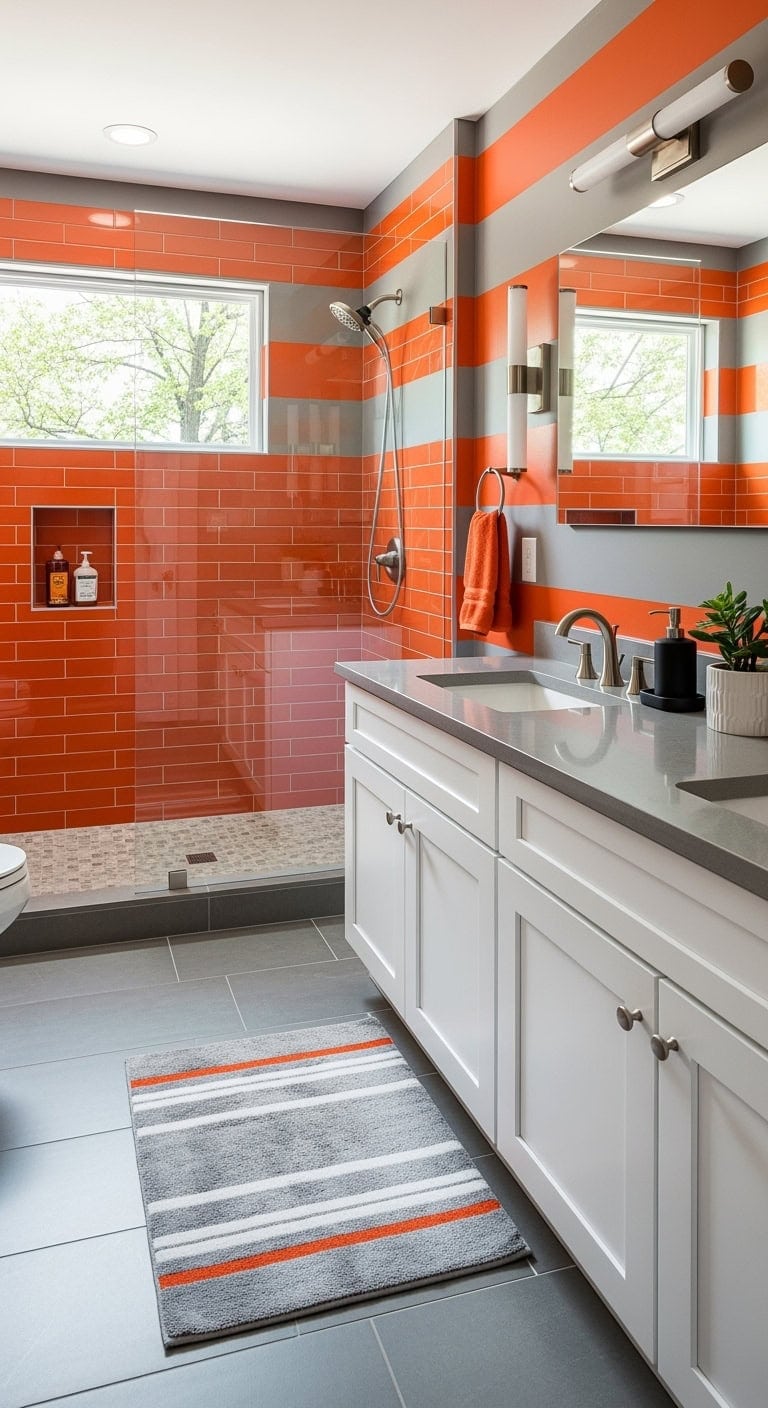 orange and gray striped bathroom
