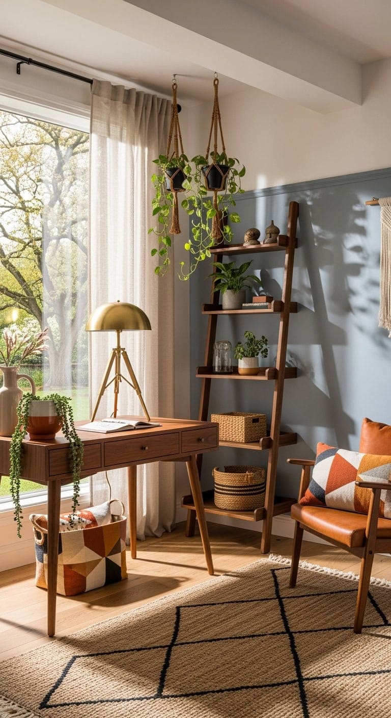 mid century walnut boho workspace