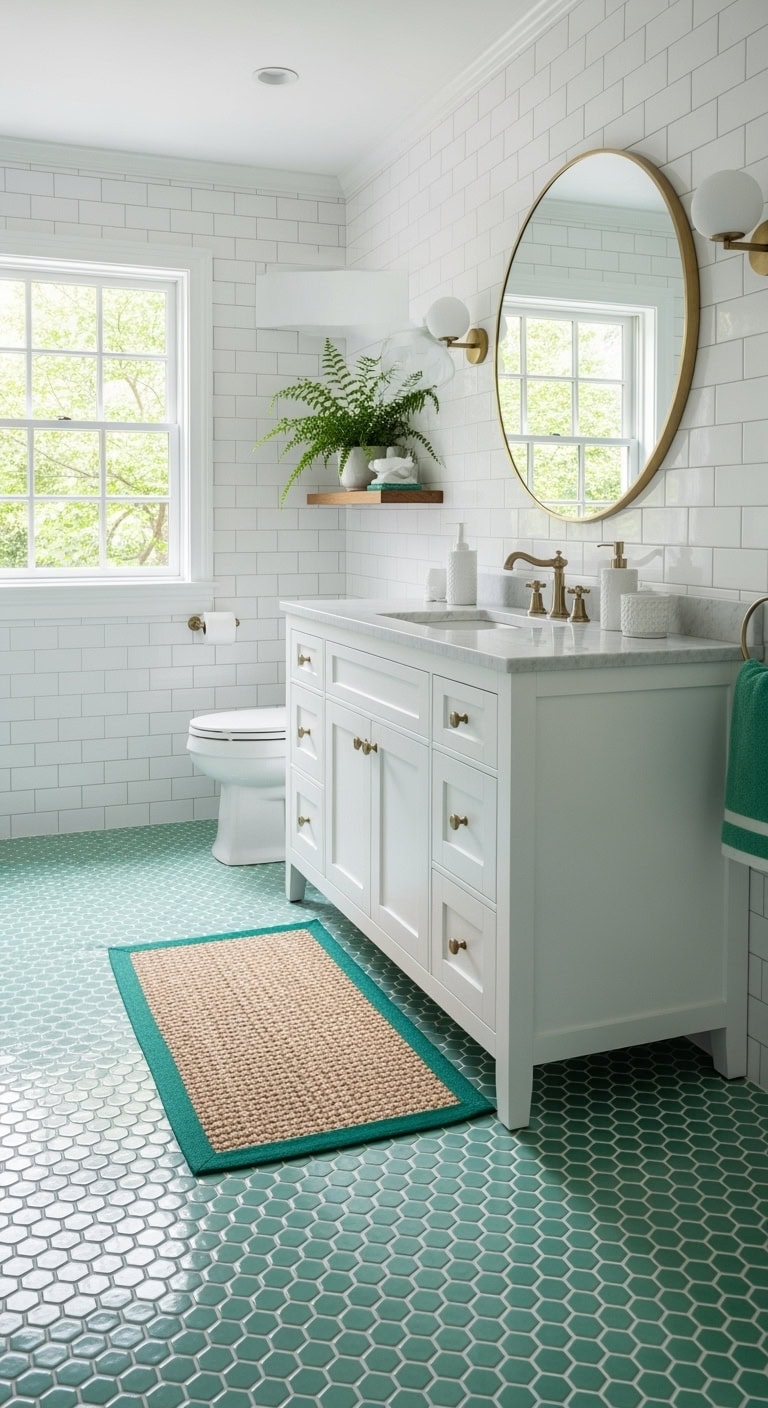 seafoam penny tile bathroom