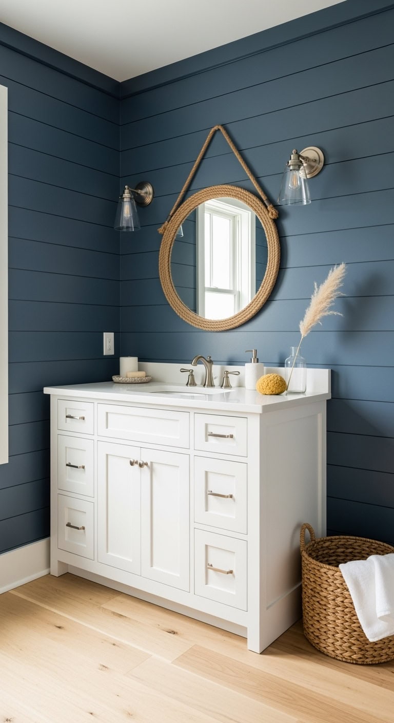 nautical navy shiplap bathroom