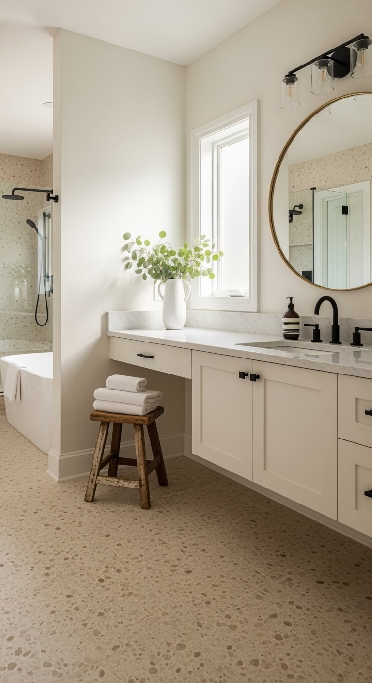 warm neutral cozy tranquil bathroom flooring
