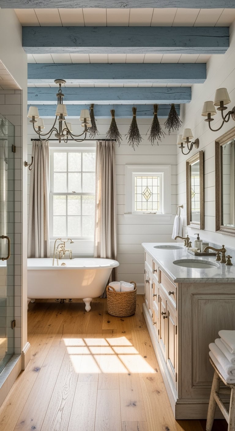 rustic airy blue washed wooden beams