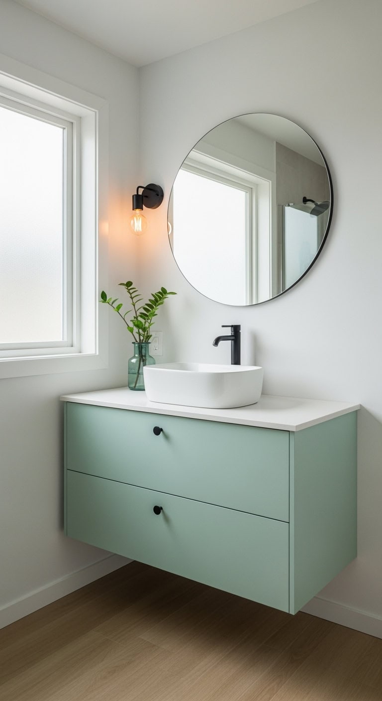 mint green floating vanity warm accents