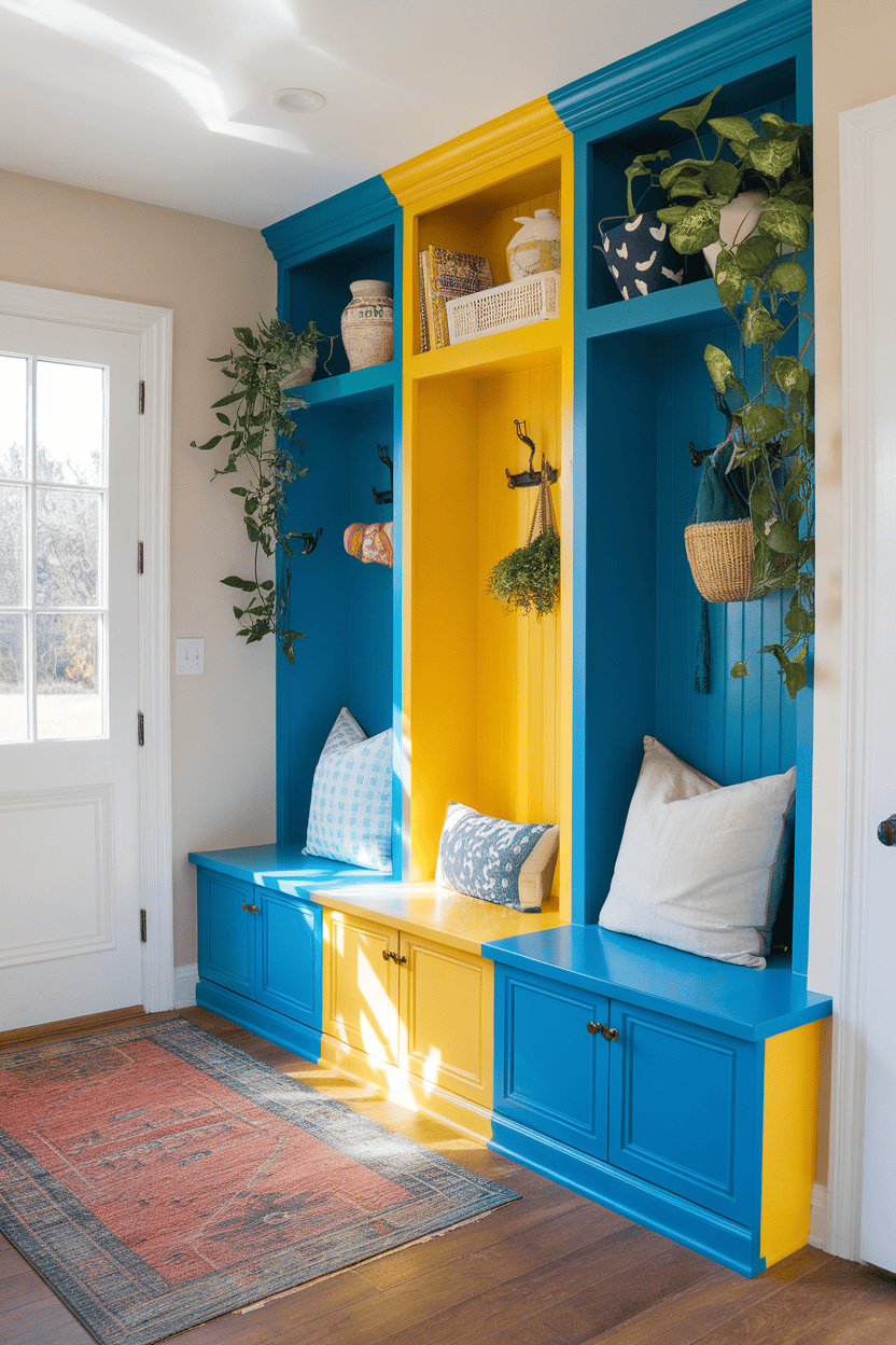 Brightly colored mudroom cabinets in blue and yellow with seating and plants.