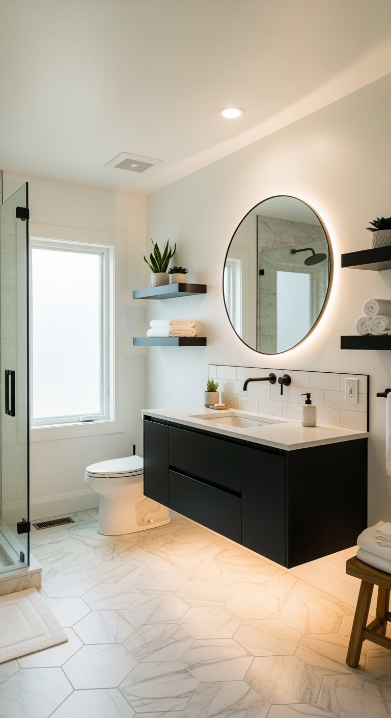 floating black wall mounted minimalist bathroom