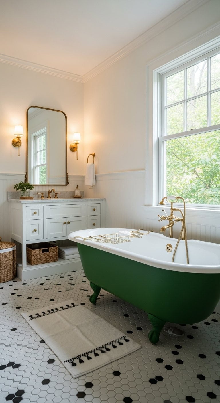 vintage forest green clawfoot bathroom