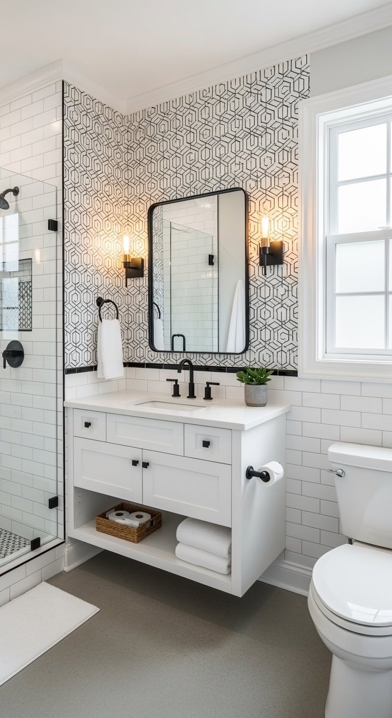 dramatic bold geometric bathroom accents