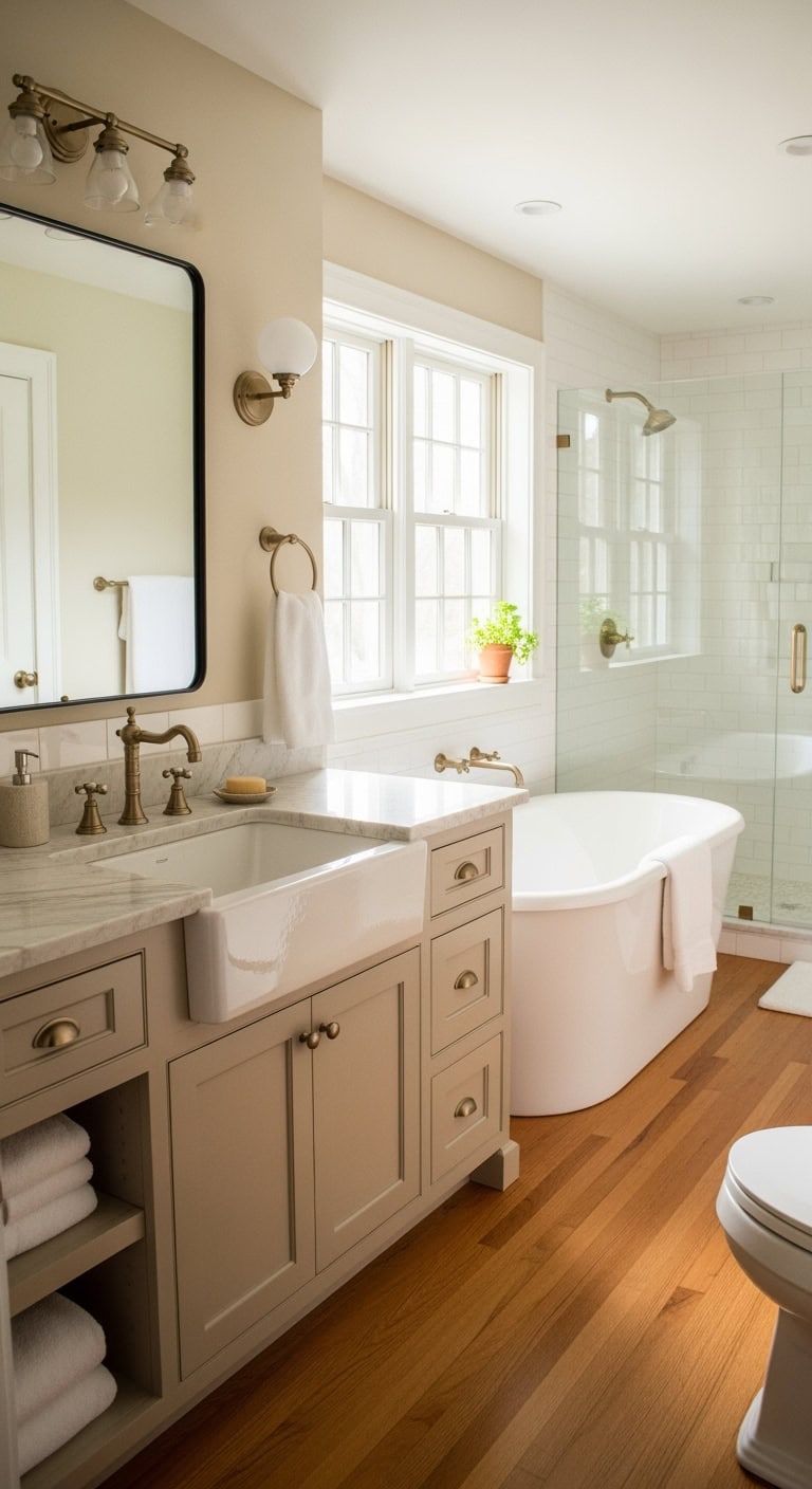 charming beige vanity with farmhouse sink