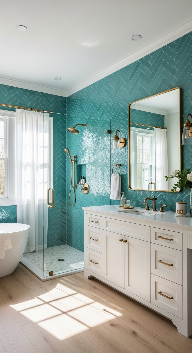 aqua herringbone tile design captivates bathroom