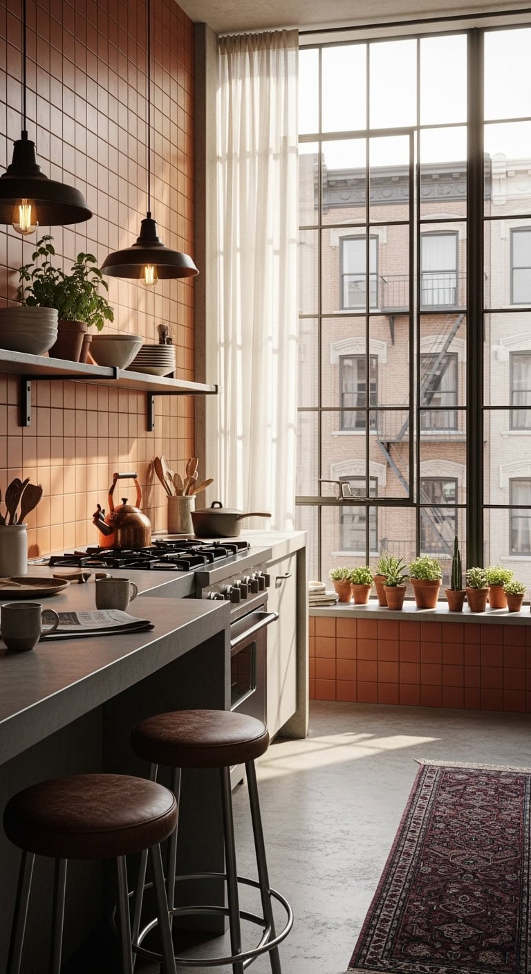 warm raw urban industrial kitchen aesthetic