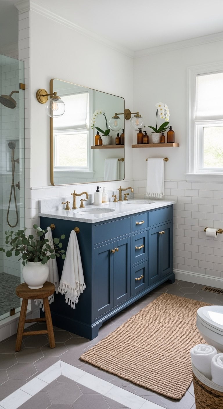 sophisticated navy vanity with classic contrast