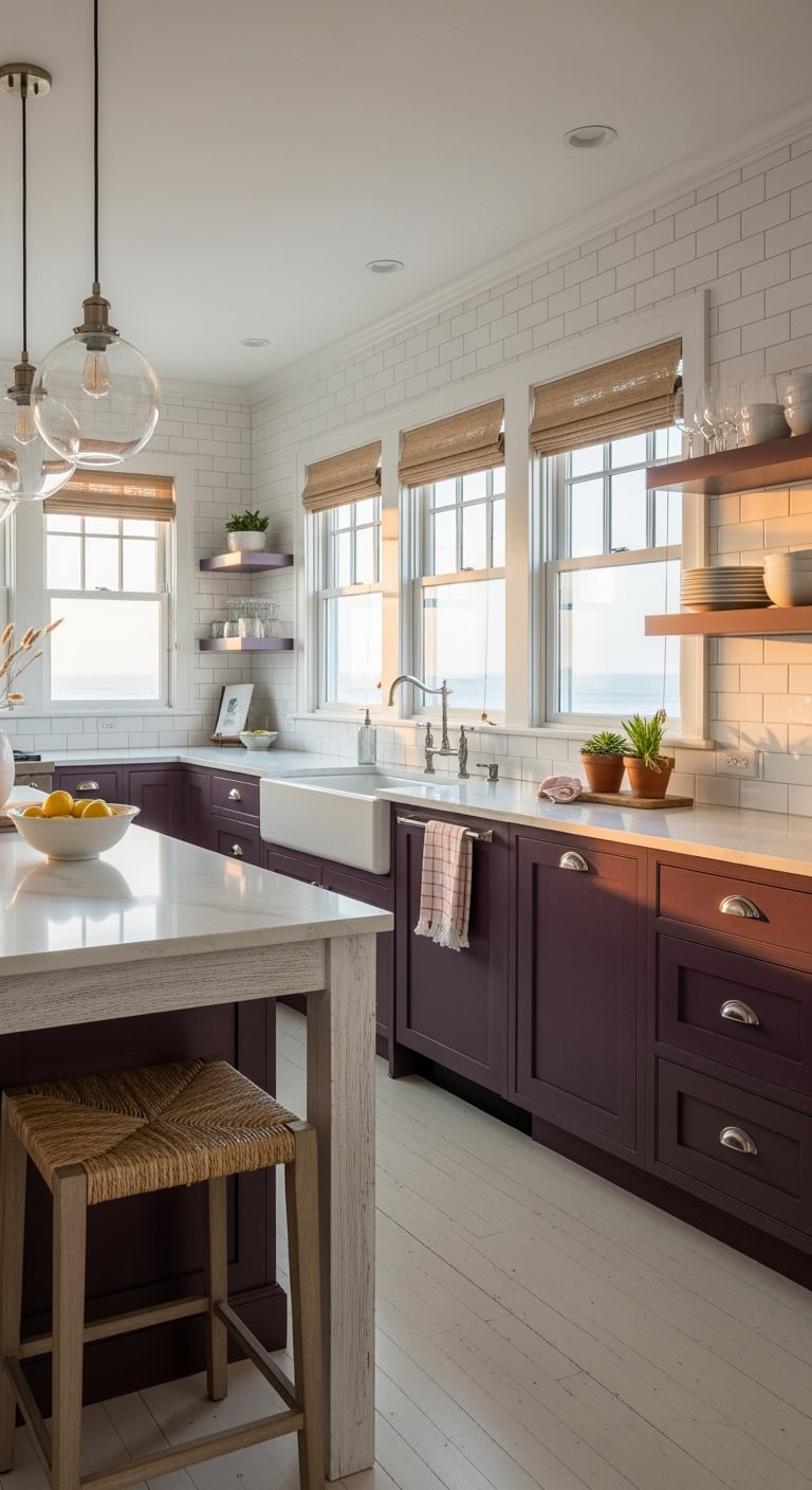 plum cabinets with coastal charm