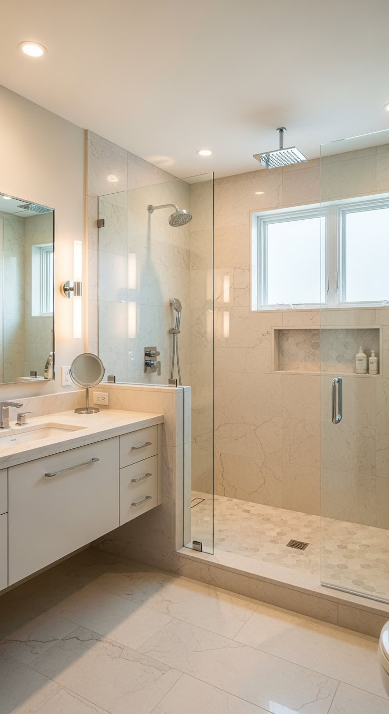 luxurious beige marble spa shower