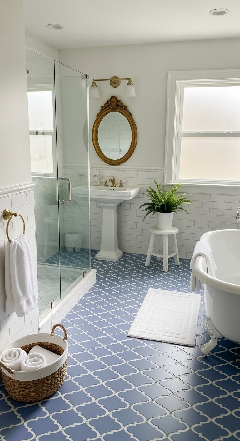 moroccan inspired periwinkle quatrefoil floor tiles