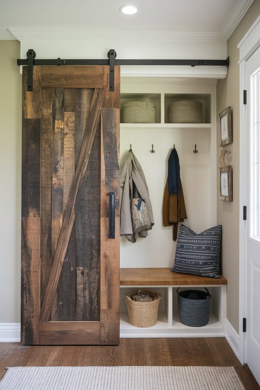Mudroom entryway featuring a sliding barn door with hooks and storage baskets.