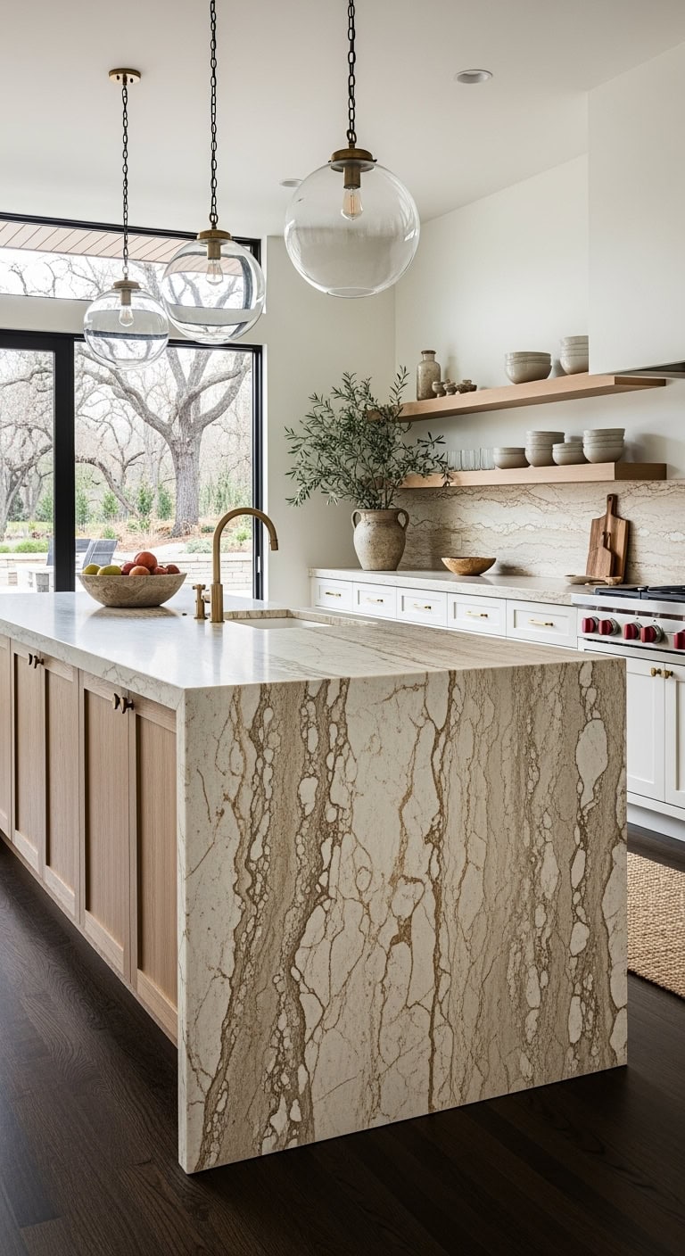 cascading natural stone kitchen centerpiece