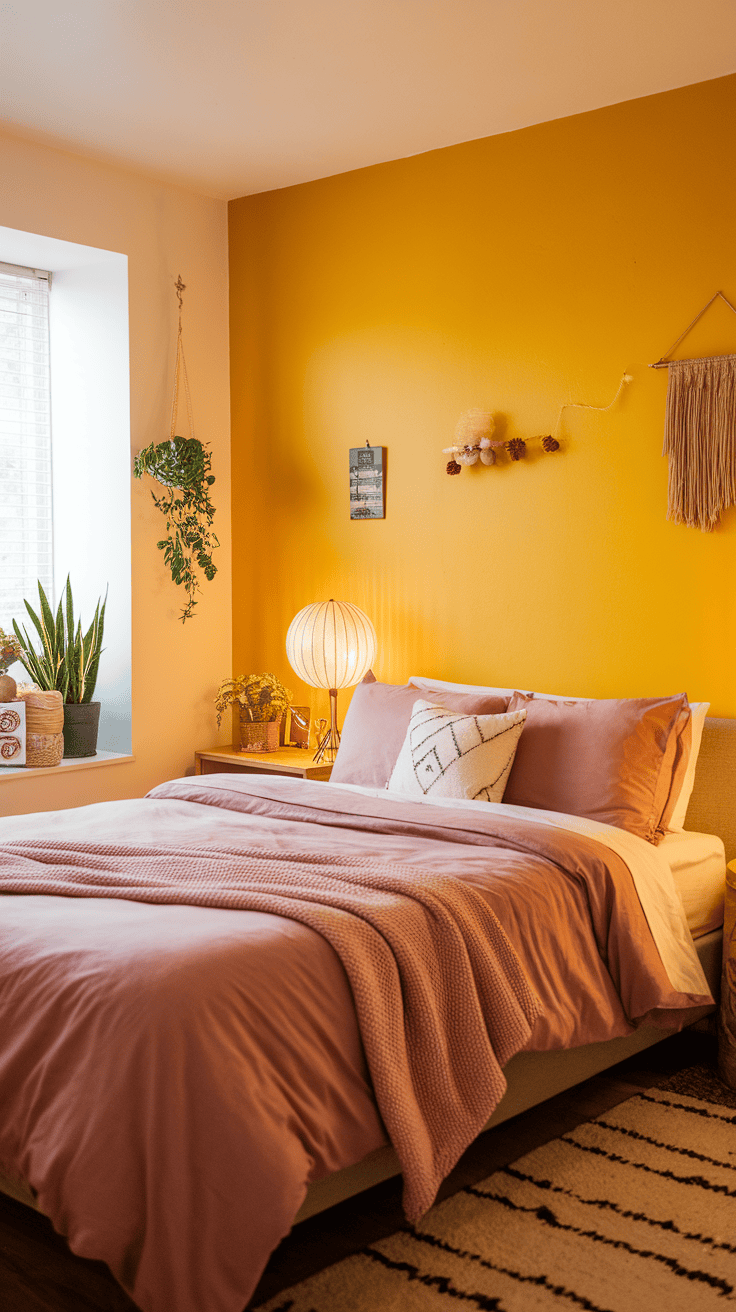 A cozy bedroom featuring a sunshine yellow accent wall, soft pink bedding, and plants by the window.
