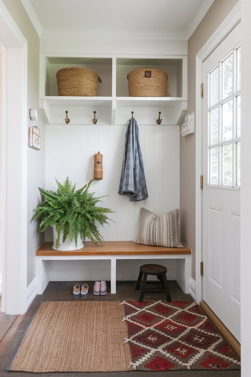A cozy mudroom entryway featuring layered rugs, plants, and storage.
